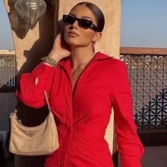 Zara Dresses & Skirts - Zara red ruched Festive Sexy holiday Christmas Party long sleeve Midi dress M